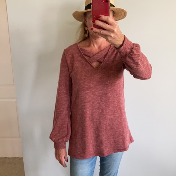 Burgundy, Ribbed Long Sleeve Tunic Top - Picture 3 of 10